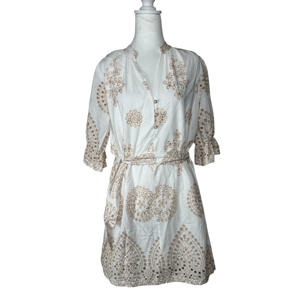 Luna Allegra White Eyelet Embroidered Belted Dress Made in Italy Womens Small